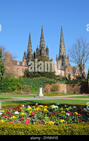 Cathedral seen from the Remembrance Gardens, Lichfield, Staffordshire, England, UK, Western Europe. Stock Photo