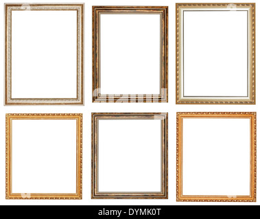 set of vintage wooden picture frames with cut out canvas isolated on white background Stock Photo