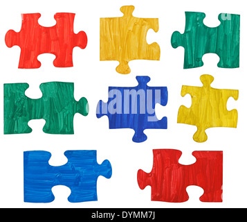 set of colored painted puzzle pieces isolated on white background Stock Photo