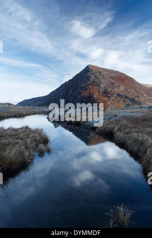 Pen yr Ole Wen reflected in the River Idwal. Snowdonia National Park. Wales. UK. Stock Photo
