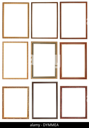 set of decorative narrow wooden picture frames with cut out canvas isolated on white background Stock Photo