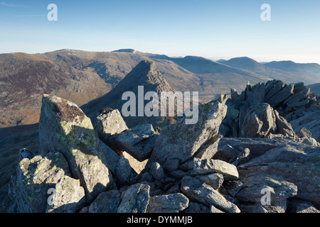 View from Bristly Ridge towards Tryfan and the Carneddau Range Beyond. Snowdonia National Park. Wales. UK. Stock Photo