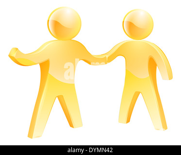 Handshake people. Two gold mascot people shaking hands with each other. Stock Photo