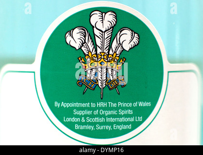 Prince of Wales insignia on label of bottle of organic gin, London Stock Photo