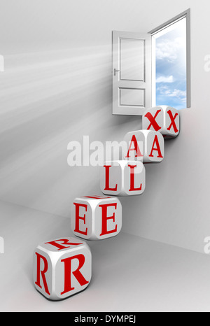 relax conceptual door with sky and box red word ladder in white room metaphor  Stock Photo