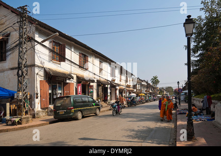 Horizontal streetscape in Luang Prabang on a sunny day. Stock Photo