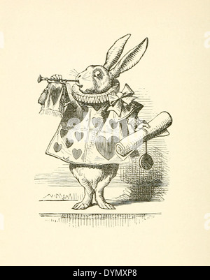The White Rabbit with trumpet and scroll heralding the accusation, illustration by Sir John Tenniel  (1820-1914) from 'Alice in Wonderland' by Lewis Carroll first published in 1865. See description for more information. Stock Photo
