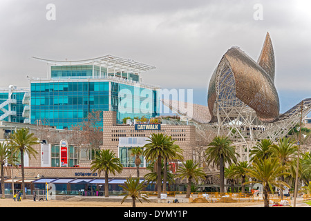 Barcelona, Spain: January 25, 2014 - Fish sculpture from famous architect Frank Gehry at the new olympic harbor of Barcelona. Stock Photo