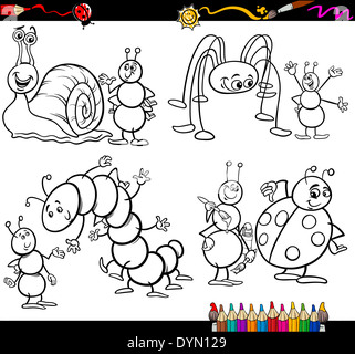 Coloring Book or Page Cartoon Illustration Set of Black and White Insects and Bugs or Fantasy Characters for Children Stock Photo