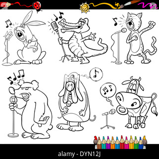 Coloring Book or Page Cartoon Illustration Set of Black and White Singing Animals and Pets Characters for Children Stock Photo