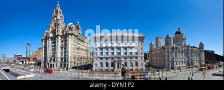 A panoramic view of the Three Graces in Liverpool: The Royal Liver Building, Cunard Building and the Port of Liverpool Building. Stock Photo