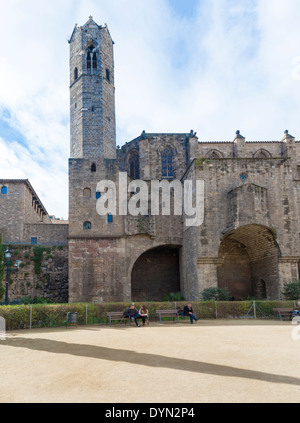 Barcelona, Spain - February 8, 2014: People in the park and Santa Maria del Mar church in Barcelona, Spain on a sunny day Stock Photo