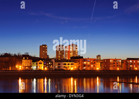 Frankfurt (Oder) in Germany at night city view Reflection Water night scene long exposure lights promenade looking over water Stock Photo