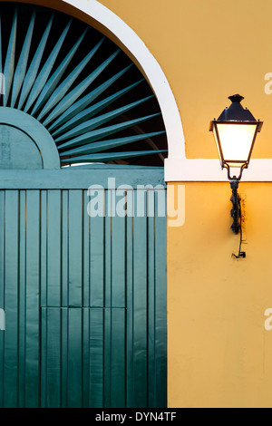 Green door and lamp, Museo de San Juan (San Juan Museum), Old San Juan, Puerto Rico Stock Photo