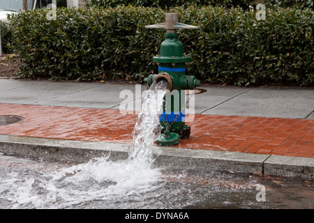 Open fire hydrant valve on city sidewalk - USA Stock Photo