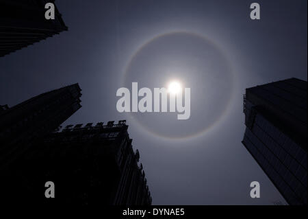Nanjing, China's Jiangsu Province. 23rd Apr, 2014. A solar halo occurs over the sky in Nanjing, capital of east China's Jiangsu Province, April 23, 2014. Credit:  Sun Can/Xinhua/Alamy Live News Stock Photo