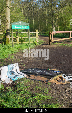 Flat screen TV fly tipped on the edge of a woodland. Northamptonshire. England Stock Photo