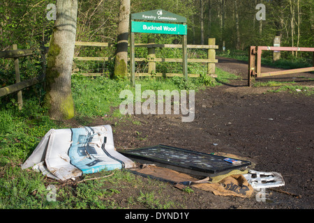 Flat screen TV fly tipped on the edge of a woodland. Northamptonshire. England Stock Photo