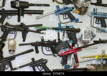 Rampe, Germany. 10th Apr, 2014. Paintball markers are stored at the armoury of the State Criminal Police Office (LKA) of Mecklenburg-Western Pomerania in Rampe, Germany, 10 April 2014. According to the current arms report of the German state Mecklenburg-Western Pomerania more than 21,000 citizens had a firearms license at the end of 2013. There are currently almost 80,000 guns, rifles, pistols and revolvers stored in private safes in the north-east of Germany. Photo: Jens Buettner /ZB/dpa/Alamy Live News Stock Photo