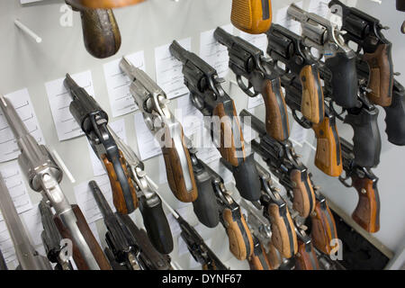 Rampe, Germany. 10th Apr, 2014. Revolvers are pictured at the armoury of the State Criminal Police Office (LKA) of Mecklenburg-Western Pomerania in Rampe, Germany, 10 April 2014. According to the current arms report of the German state Mecklenburg-Western Pomerania more than 21,000 citizens had a firearms license at the end of 2013. There are currently almost 80,000 guns, rifles, pistols and revolvers stored in private safes in the north-east of Germany. Photo: Jens Buettner /ZB/dpa/Alamy Live News Stock Photo