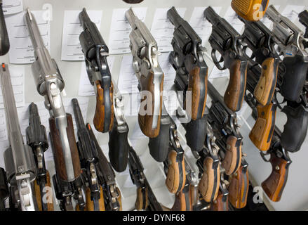 Rampe, Germany. 10th Apr, 2014. Revolvers are pictured at the armoury of the State Criminal Police Office (LKA) of Mecklenburg-Western Pomerania in Rampe, Germany, 10 April 2014. According to the current arms report of the German state Mecklenburg-Western Pomerania more than 21,000 citizens had a firearms license at the end of 2013. There are currently almost 80,000 guns, rifles, pistols and revolvers stored in private safes in the north-east of Germany. Photo: Jens Buettner /ZB/dpa/Alamy Live News Stock Photo