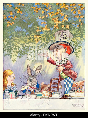 Frontispiece showing the Hatter's tea party from Lewis Carroll's ‘Songs from Alice in Wonderland and Through the Looking-Glass' illustrated by Charles James Folkard (1878-1963). See description for more information