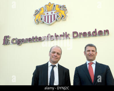 Dresden, Germany. 17th Apr, 2014. President of European Union Region at Philip Morris International, Inc., Drago Azionovic (L), and chairman of the management board of Philip Morris Germany, Werner Barth, are pictured at the f6 Cigarettenfabrik GmbH & Co. KG in Dresden, Germany, 17 April 2014. Photo: Arno Burgi /ZB/dpa/Alamy Live News Stock Photo