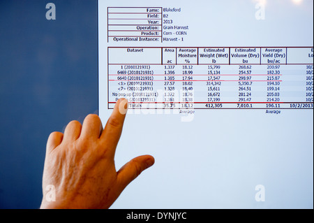 Finger pointing on computer screen with farm data in Centerville, MD Stock Photo
