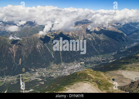 Valley of Chamonix from the summit of the Aiguille du Midi, French Alps. Stock Photo