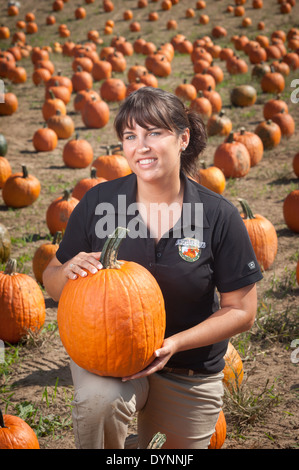Woman holding pumpkin in pumpkin patch Upper Marlboro MD Stock Photo