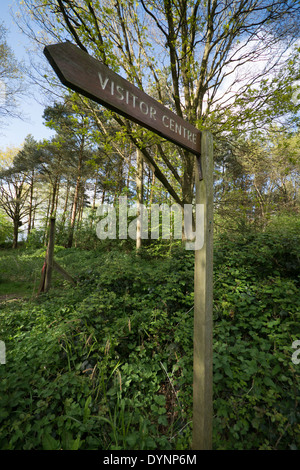 Wooden sign directing the way to the visitor centre at Hanningfield Reservoir, UK. Stock Photo