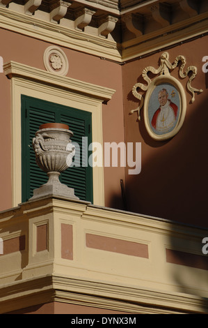 Italy. Castel Gandolfo. Building with the portrait of Pope John Paul II, born Karol Jozef Wojtyła, (1920-2005). Stock Photo