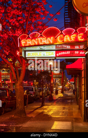 Chinatown lit up at night-Victoria, British Columbia, Canada. Stock Photo