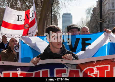 London, March 15th 2014. The English Volunter Force and other anti-Islamist splinter groups march against Islamic extremism, to Parliament Square. Stock Photo
