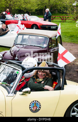 Bretforton, Evesham, Worcestershire, UK. 23rd April 2014. The start of the Classic Car Treasure Hunt, Frogeye Sprite owned by Jacqui and Paul Linsey, at the launch of this years British Asparagus Festival in the Vale of Evesham on St. Georges Day. Credit: FG Ottico/ Alamy Live News Stock Photo