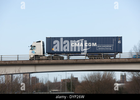 CMA CGM eco container transported on M40 motorway Warwickshire England ...