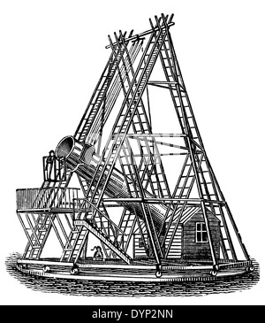 Reflecting telescope in 18th century observatory, illustration from Soviet encyclopedia, 1926 Stock Photo