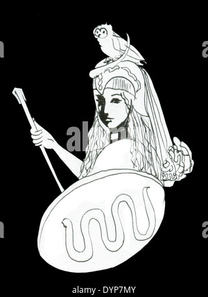 Pallas Athena, goddess symbol of wisdom, intellect, creativity and strength for example, ink drawing with attributes. Stock Photo