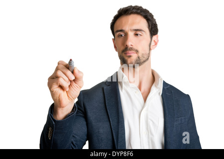 Man drawing on glass, isolated in white Stock Photo