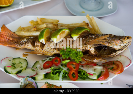 A fried whole fish served in a plate with fresh vegetable. Stock Photo