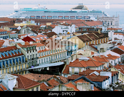 Cityscape from top of Elevador de Santa Justa with Cruise ship Oceana docking Lisbon Portugal western Europe. Stock Photo