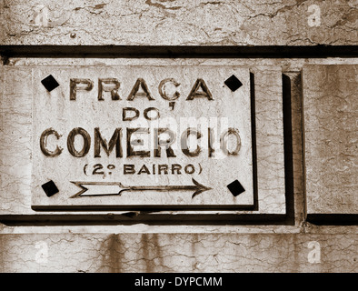 Stone sign in Praca do Comercio riverfront square rebuilt after the 1755 earthquake Lisbon Portugal western Europe Stock Photo