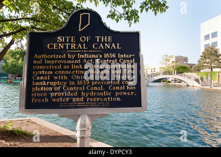 USA, Indiana, Indianapolis. Sign showing the history of the central canal in downtown Indianapolis. Stock Photo