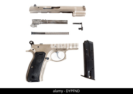 real Semi automatic gun disassembled on white background Stock Photo