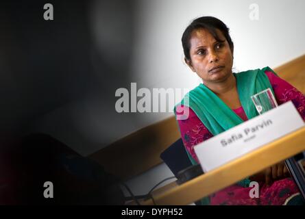 Berlin, Germany. 24th Apr, 2014. Safia Parvin, trade unionist for the Bangladeshi National Garment Workers Federation (NGWF) speaks during a press conference in Berlin, Germany, 24 April 2014. Topics of the press conference were compensation payments from German companies to the victims of the collapsed Rana Plaza textile factory. Photo: DANIEL NAUPOLD/dpa/Alamy Live News Stock Photo