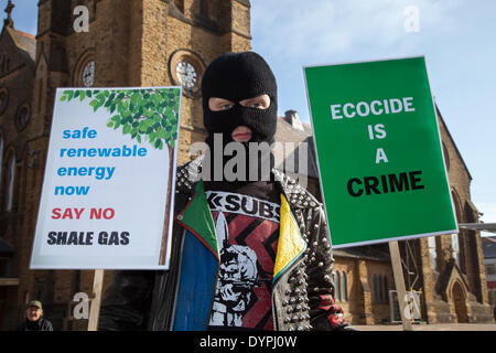 Say No to Shale Gas. Blackpool, Lancashire, Hooded youth protest  Blackpool and the Fylde has been the epicentre for the one time the ‘fracking’ part of the process of shale gas extraction has taken place. Michael Fallon MP, Secretary of State for Business & Energy met with representatives from North West businesses to discuss what they can gain from the controversial drilling process. Individuals, groups, activists, and local residents representing farming and tourism sectors object to plans to ‘frack’ for shale gas in the Bowland Shale. Stock Photo