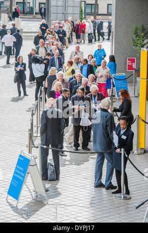 London, UK. 24th April 2014. Protestors complaining about the use of tax havens, banks support for coal mining and the lack of a robin hood tax on financial transactions gather outside the Festival Hall as Barclays plc shareholders queue for the bank's AGM. Southbank, London, UK 24 April 2014. Credit:  Guy Bell/Alamy Live News Stock Photo