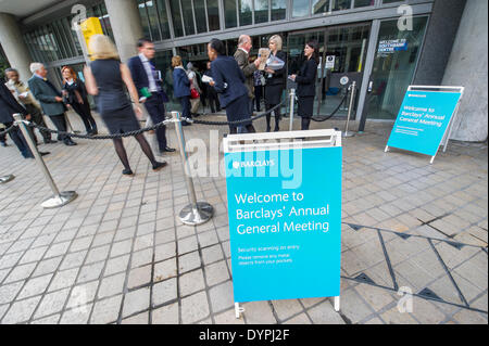 London, UK. 24th April 2014. Protestors complaining about the use of tax havens, banks support for coal mining and the lack of a robin hood tax on financial transactions gather outside the Festival Hall as Barclays plc shareholders queue for the bank's AGM. Southbank, London, UK 24 April 2014. Credit:  Guy Bell/Alamy Live News Stock Photo