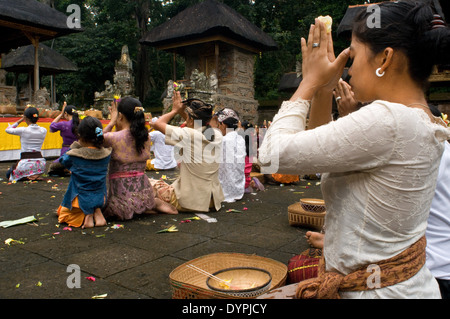 Several people pray and leave offerings in the Holy Monkey Forest during the celebration of Galungan. Galungan festival, the most important of Bali, symbolizes the victory of Drama (virtue) over Adharma (evil). During the days that last Balinese parade celebrations across the island adorned with long bamboo sticks (penjor) decorated with ears of corn, coconut, rice cakes and cupcakes as well as white or yellow fabrics, fruits flowers. This festival is celebrated every 210 days. Ubud. Bali. Stock Photo