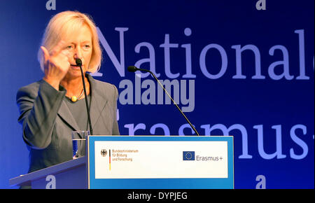 Berlin, Germany. 24th Apr, 2014. German Education Minister Johanna Wanka speaks during the national opening event for the European exchange program Erasmus   for general and vocational education, youth and sport in Berlin, Germany, 24 April 2014. Photo: WOLFGANG KUMM/dpa/Alamy Live News Stock Photo